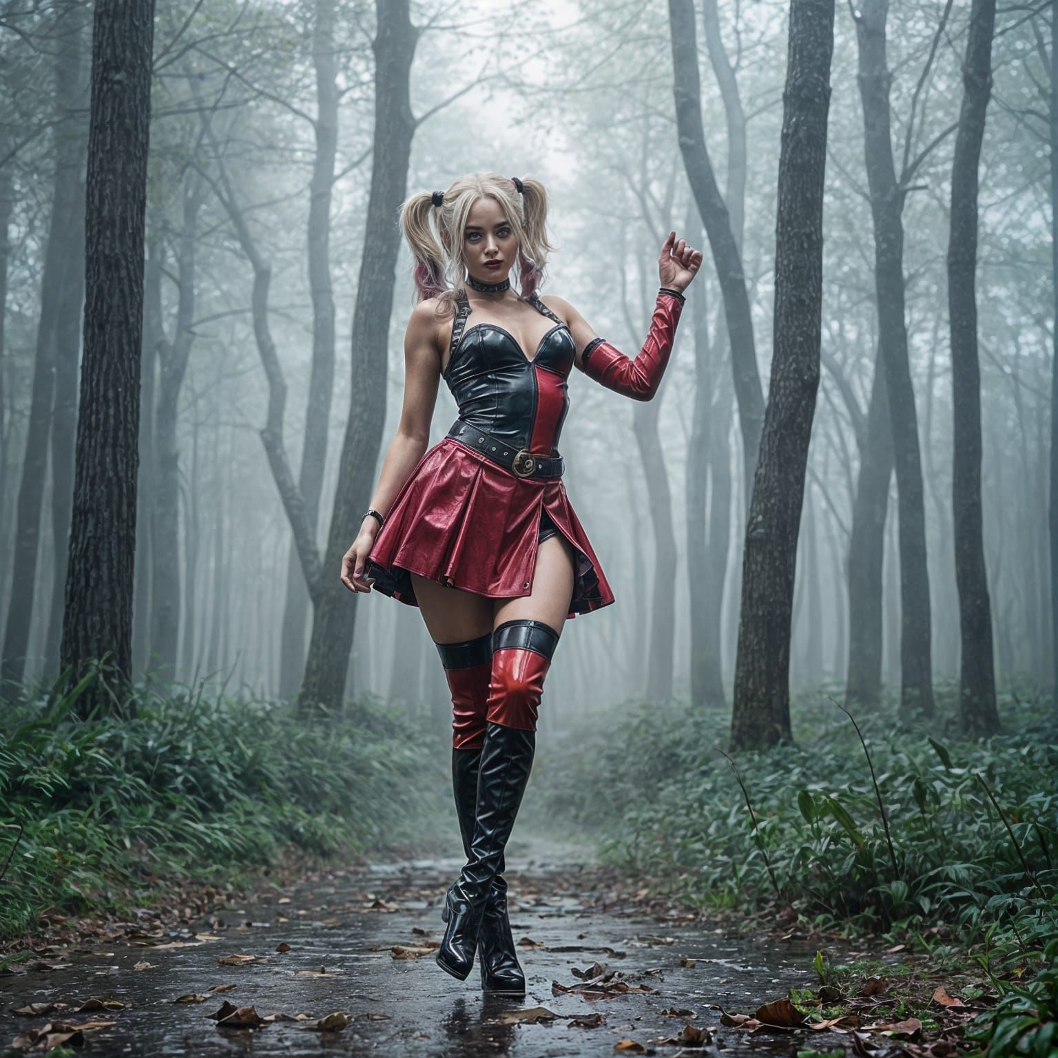 Hyperrealistic Harley Quinn in Rainy Forest