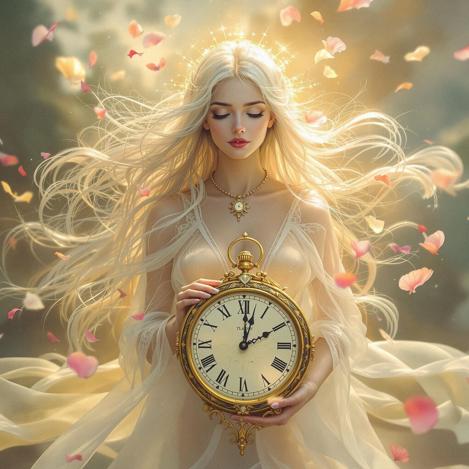 Ethereal Goddess of Time in Radiant Veils and Ancient Clock