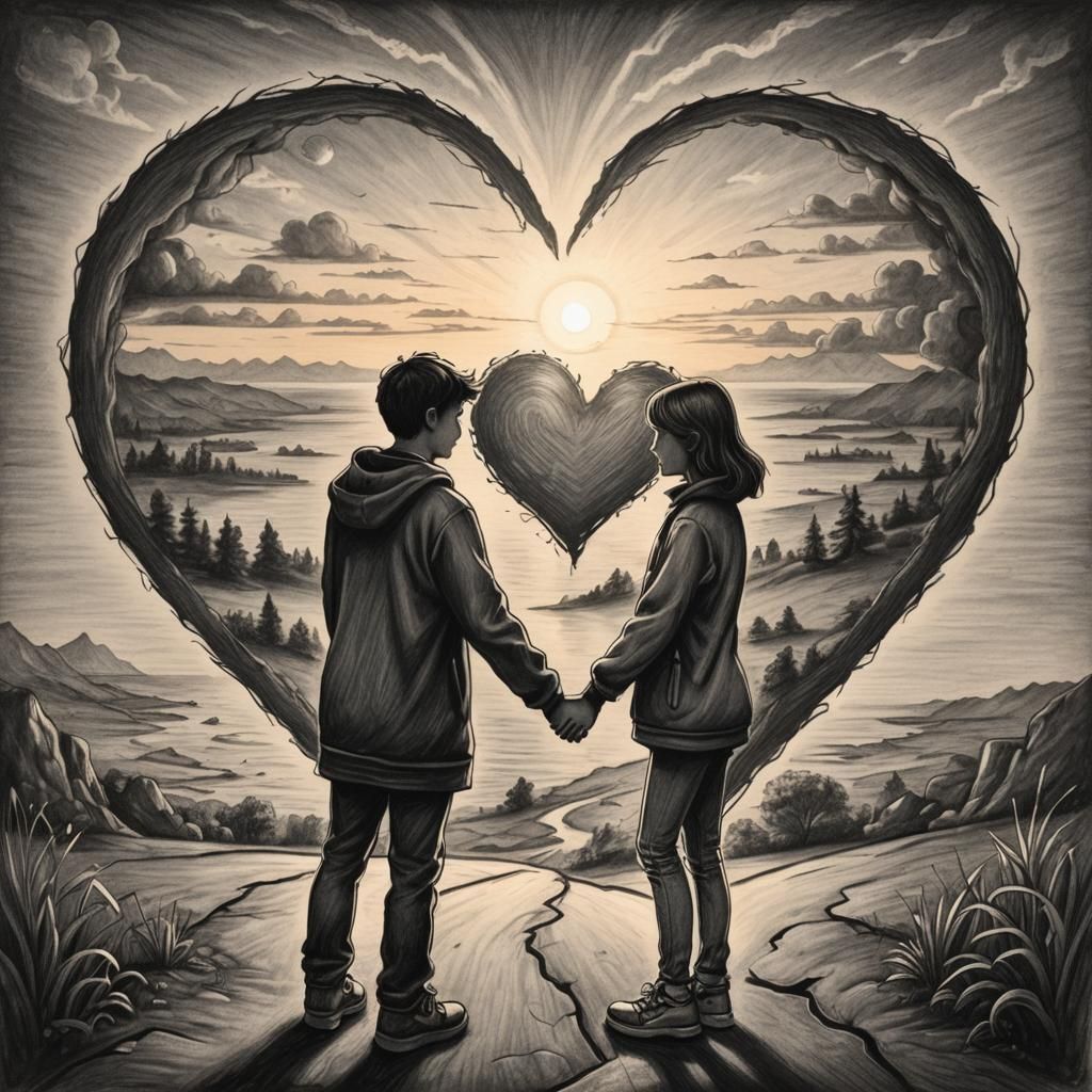 Cartoon Heart Pencil Sketch of Couple at Sunset