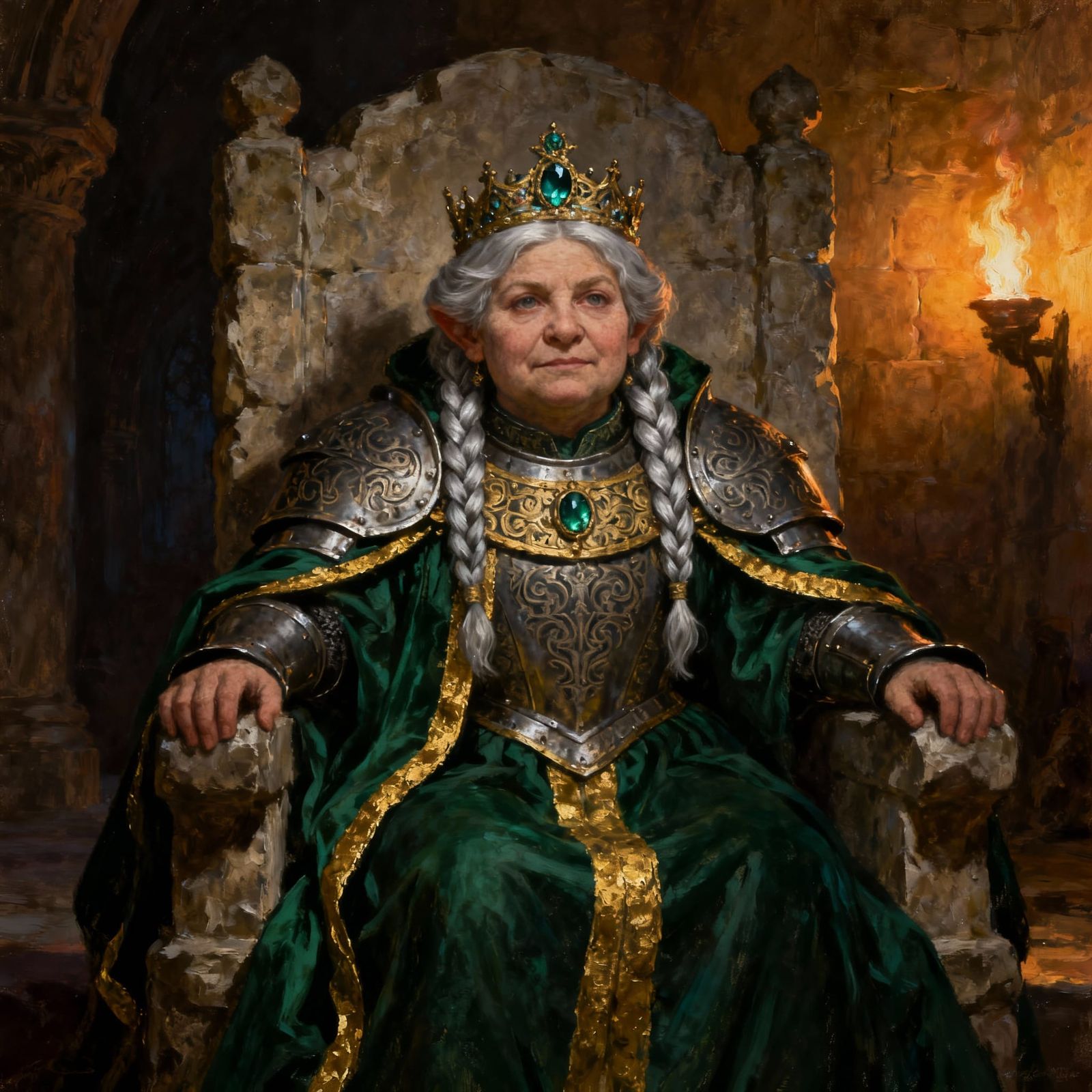 Dwarf Queen Portrait in Ornate Armor and Gemstone Crown