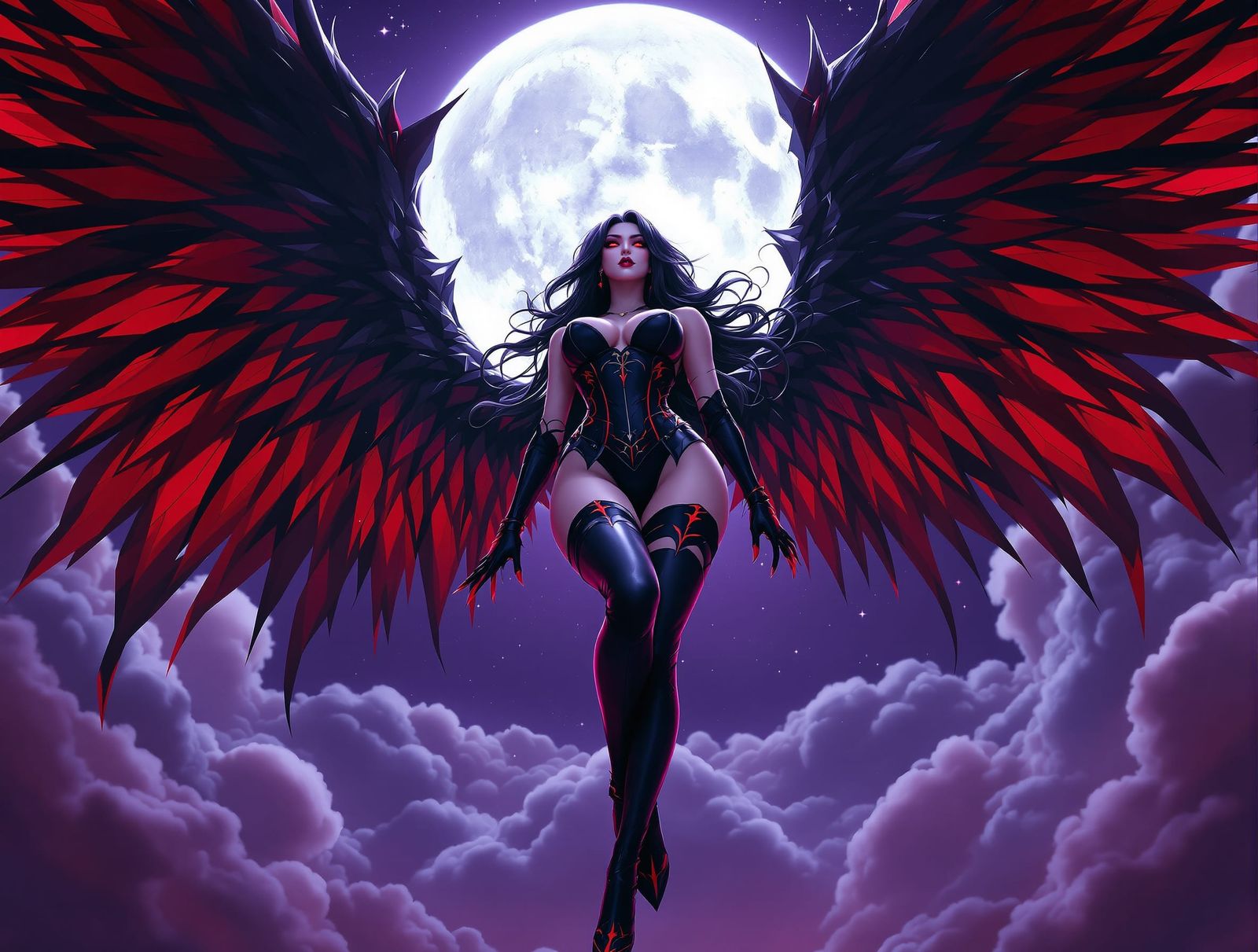 Fallen Angel Poses Under Full Moon in 3D Anime Style