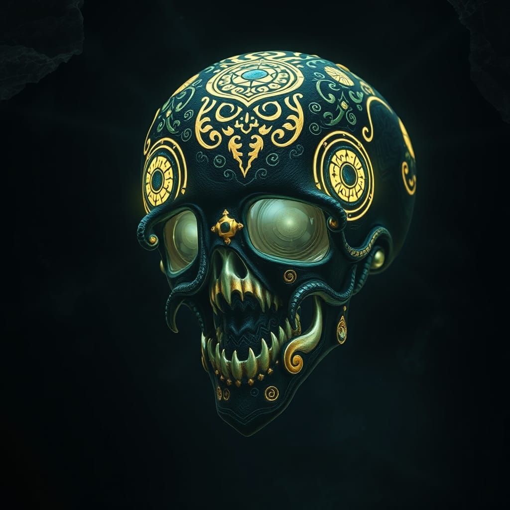 Mystical Skull with Glowing Symbols in Beksiński Style