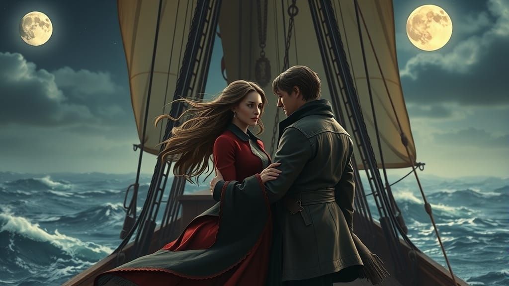 Couple's Romantic Voyage on Storm-Tossed Galleon