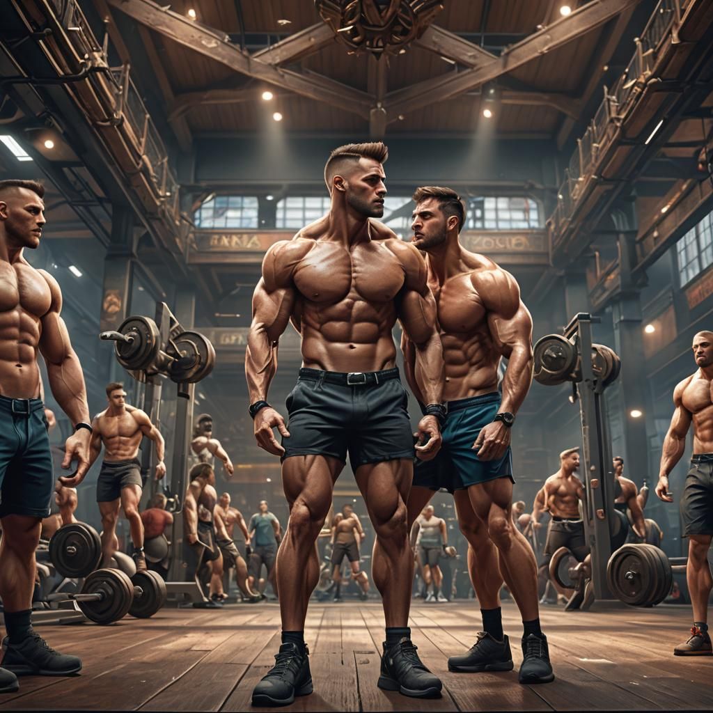 Muscle Men Kissing in Gym: Detailed Matte Painting