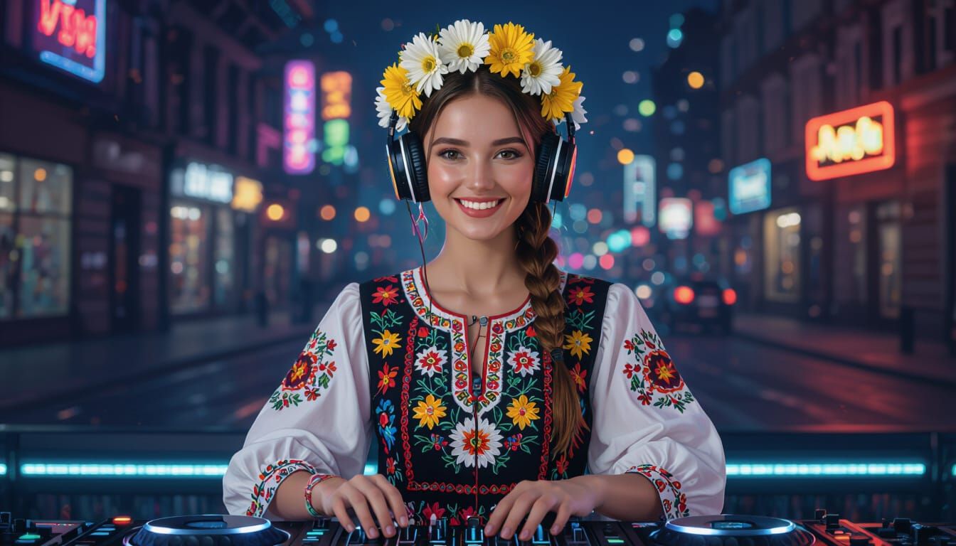 Ukrainian DJ in Cyberpunk Neon Cityscape