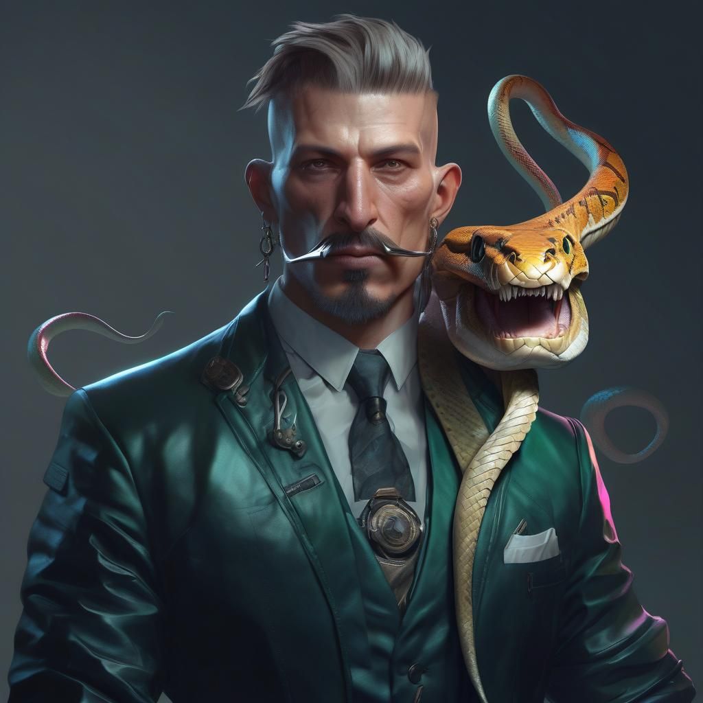 Portrait of a bio punk man with a bio- modified forked tongue like a snake head and shoulders portrait, 8k resolution co...