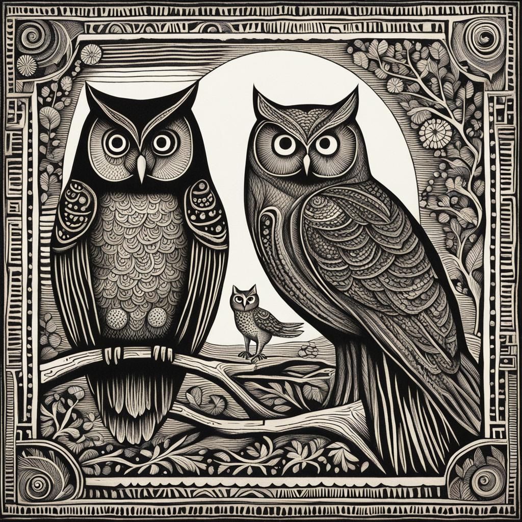Detailed Baroque Folk Art Print of Owl and Cat