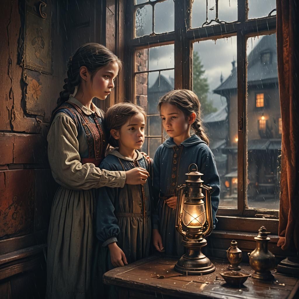 Child with Oil Lamp in Rainy Window, Detailed Matte Painting