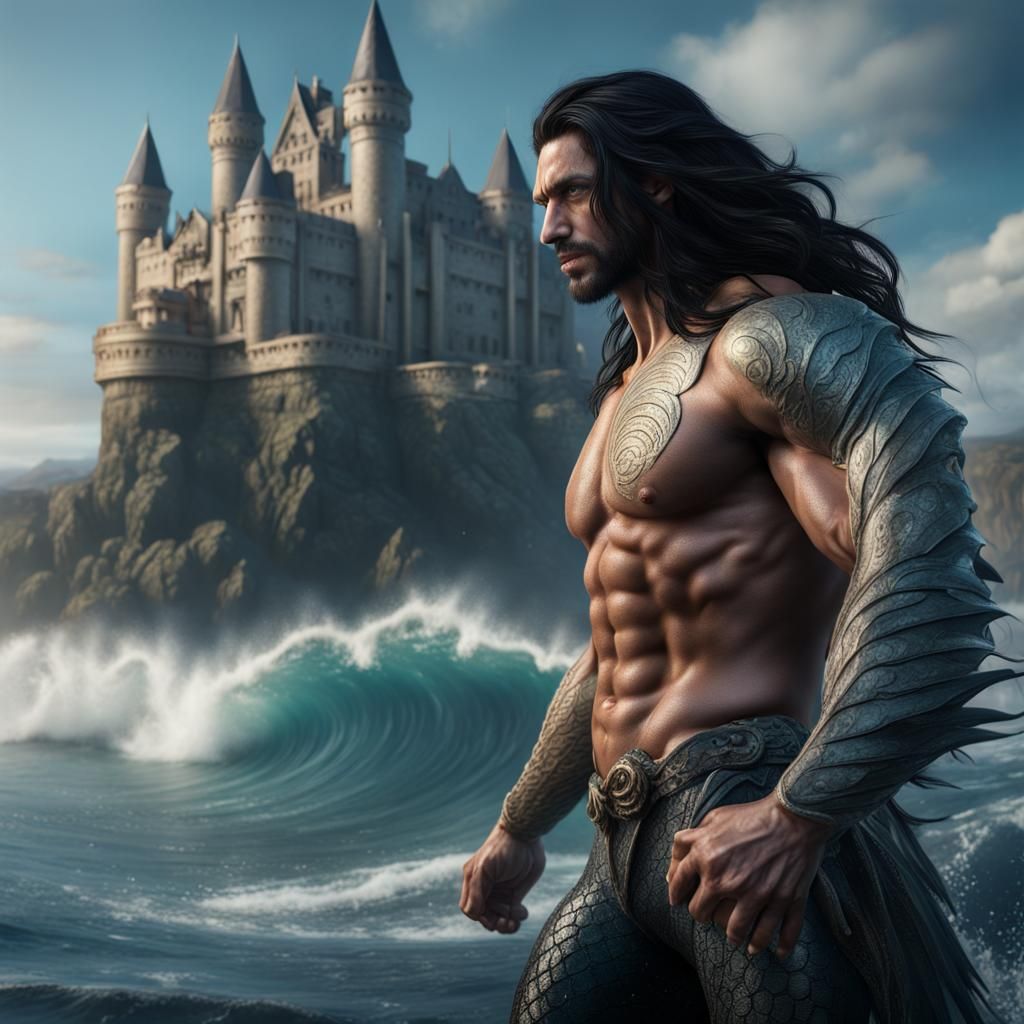 Hyperrealistic Merman with Ocean Castle, Detailed Digital Ar...
