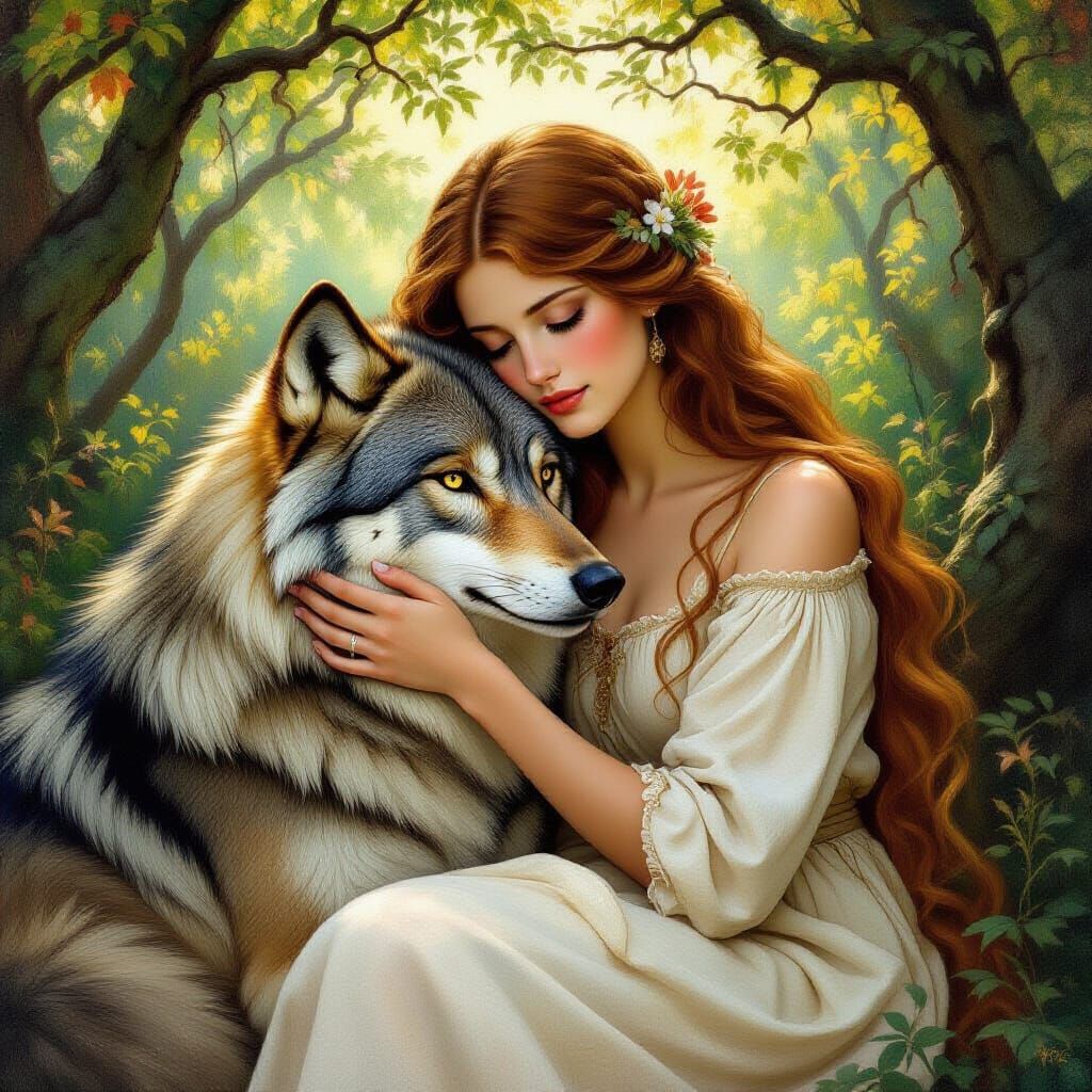 Pre-Raphaelite Painting of Woman Embracing Wolf