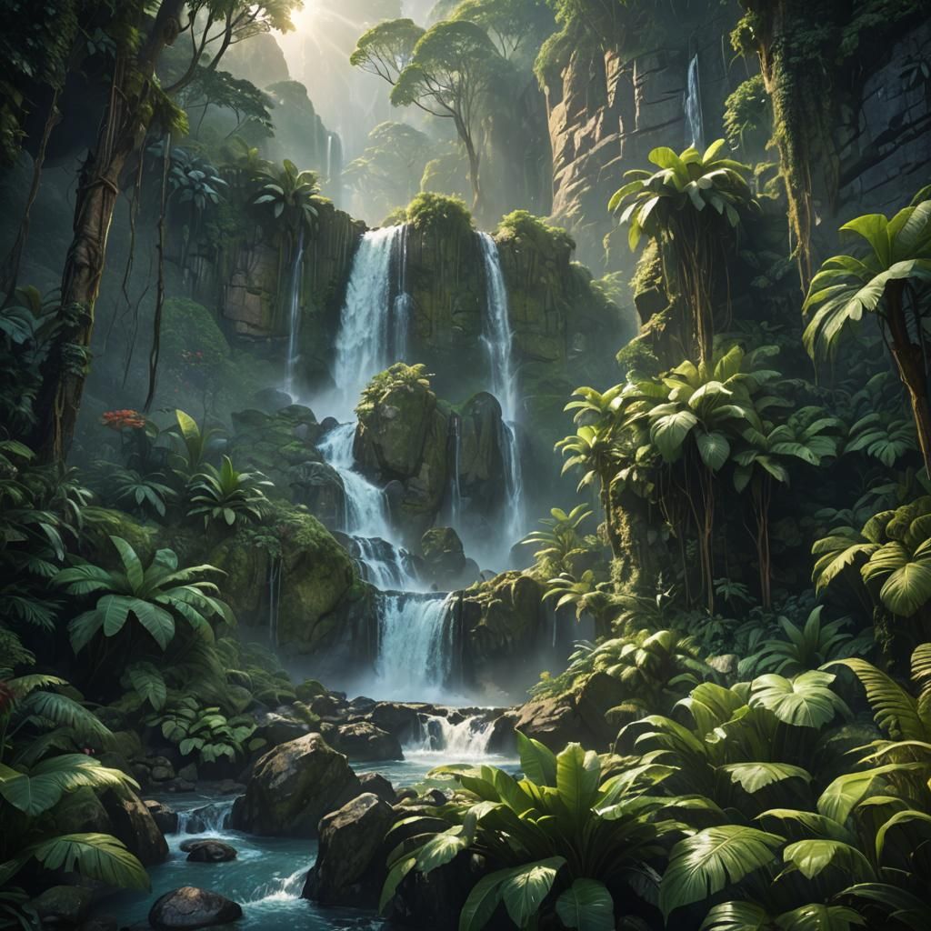 Majestic Waterfall Cascades in Tropical Fantasy Art