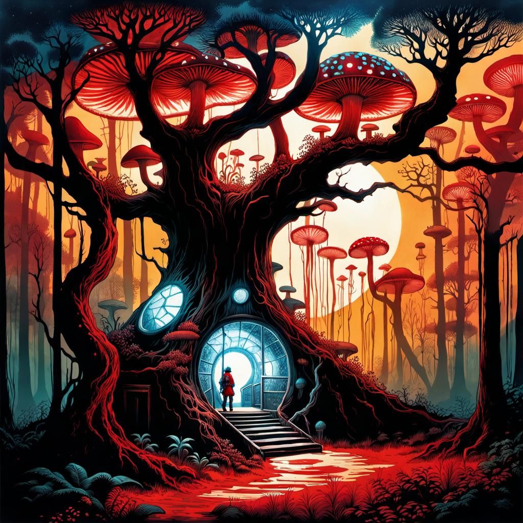 Futuristic Bioactive Treehouses in Solarpunk Line Art