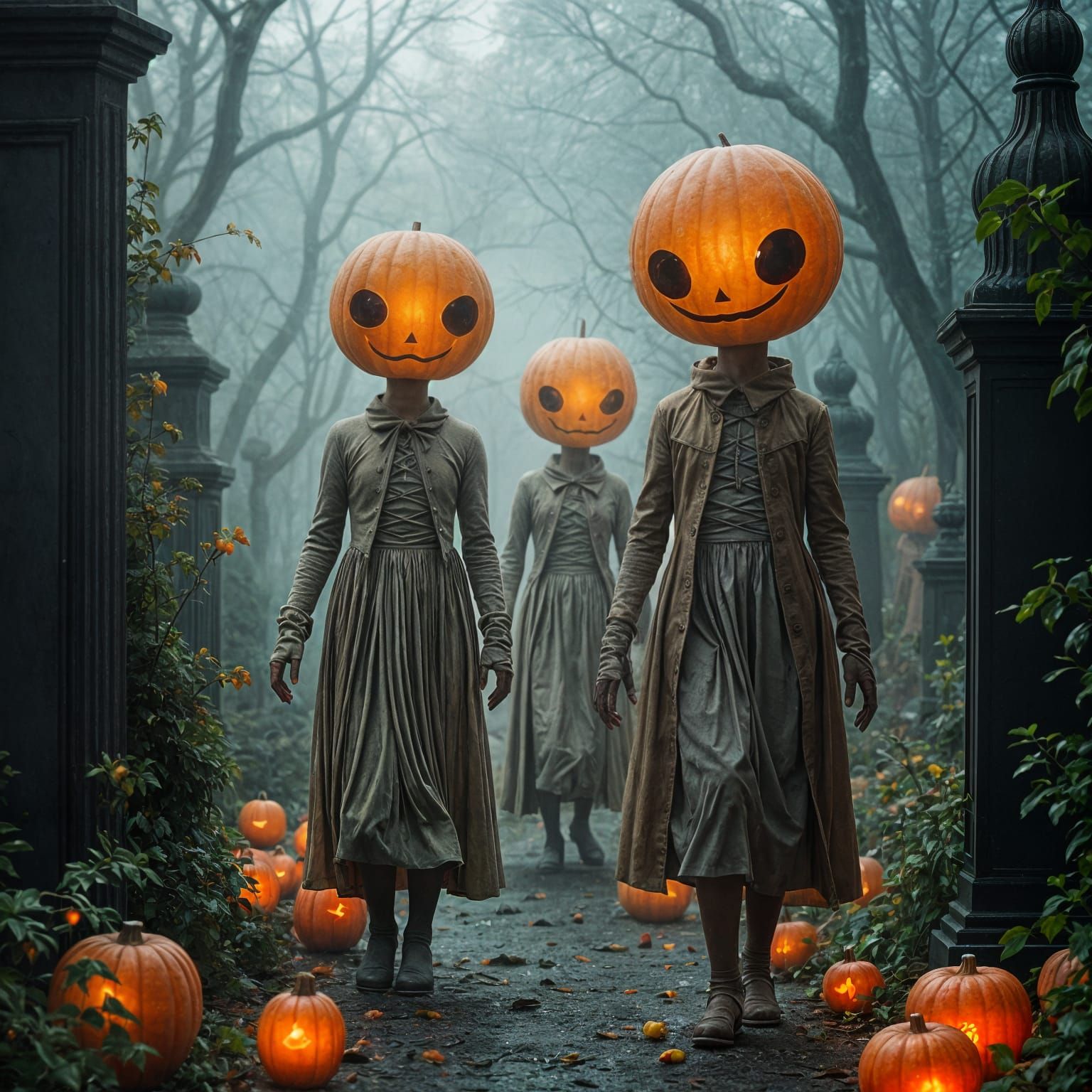 Eerily Vibrant Candy Corn People in Graveyard