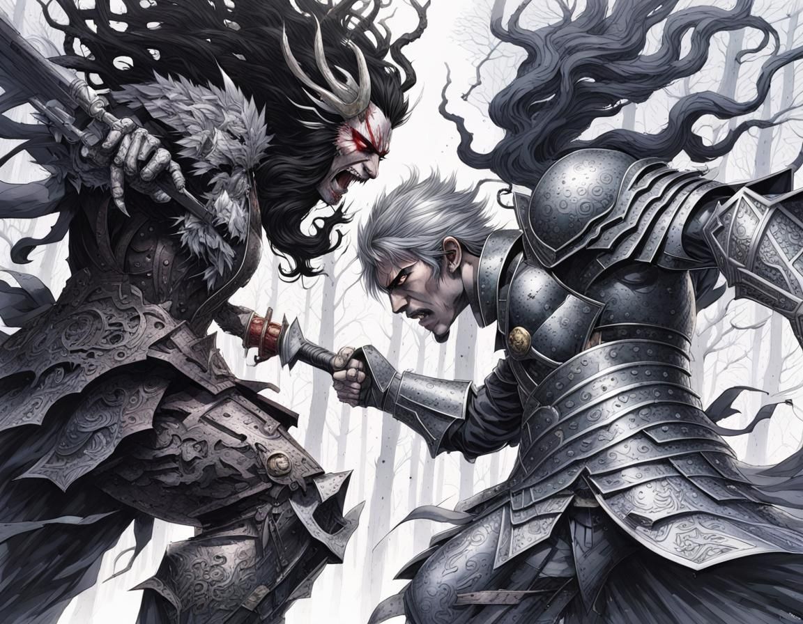 Art by Takehiko Inoue, Kentaro Miura, a clash of titans in a shadowy forest, villains from different realms facing off, ...