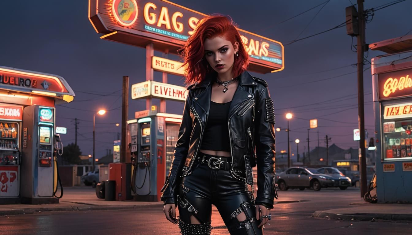 Edgy Woman at Gas Station in Comic Book Style
