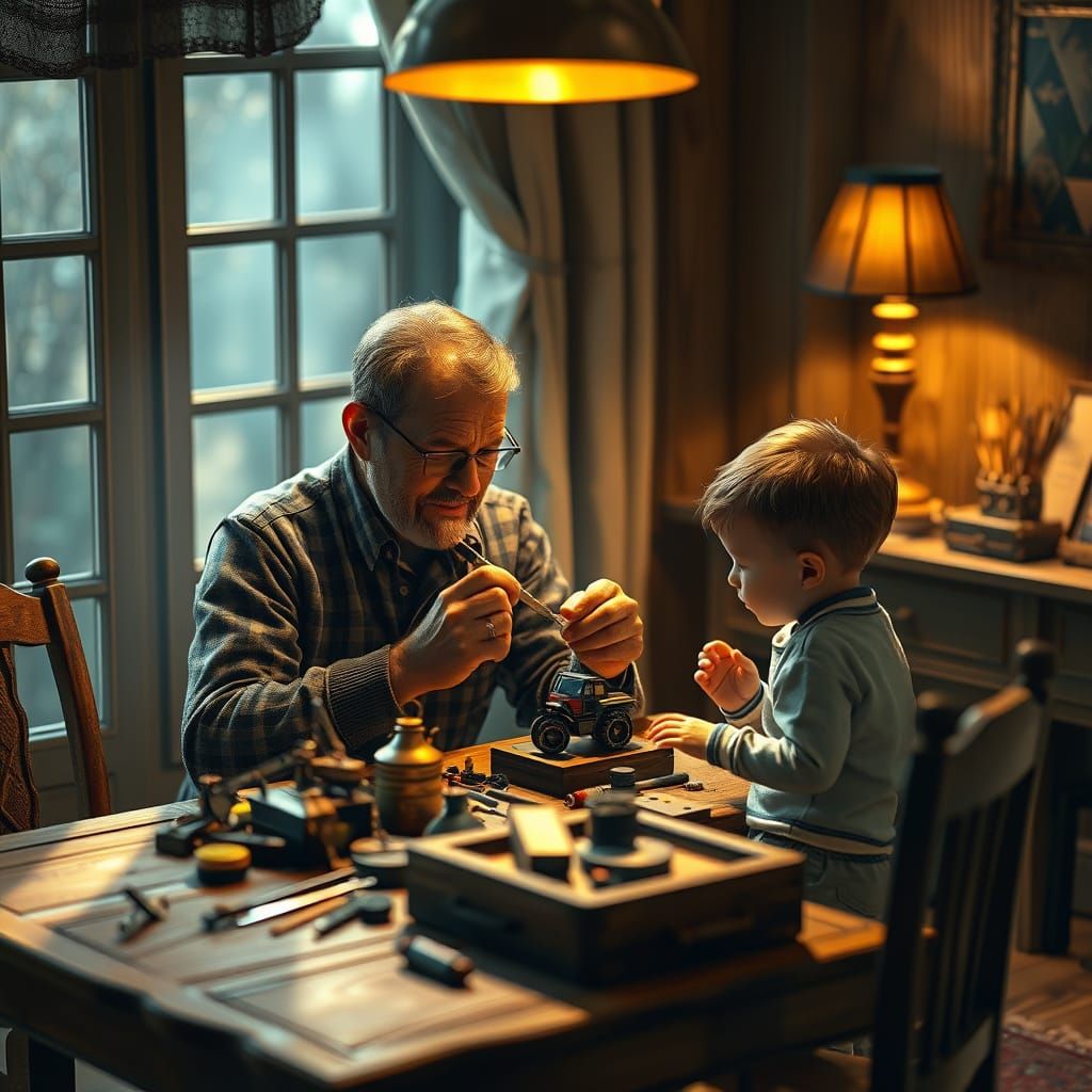 Father and Child Toy Repair: Hyper-Realistic Art