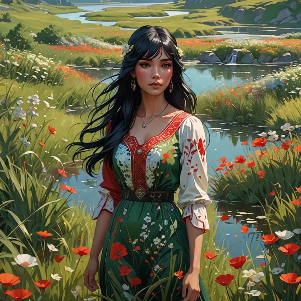 Girl in Flower Field, Art Nouveau Concept Art