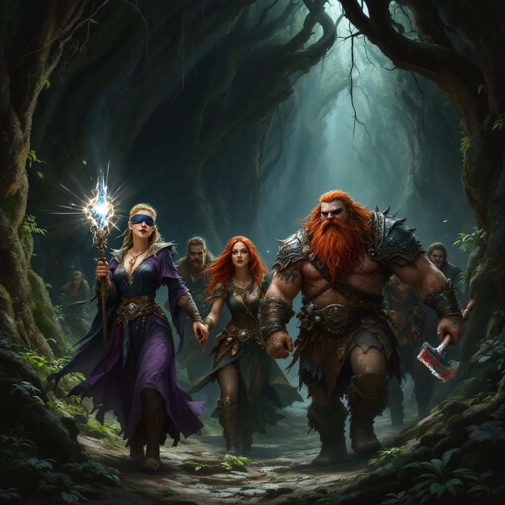 Adventurers Exit Cave in Misty Forest, Fantasy Art