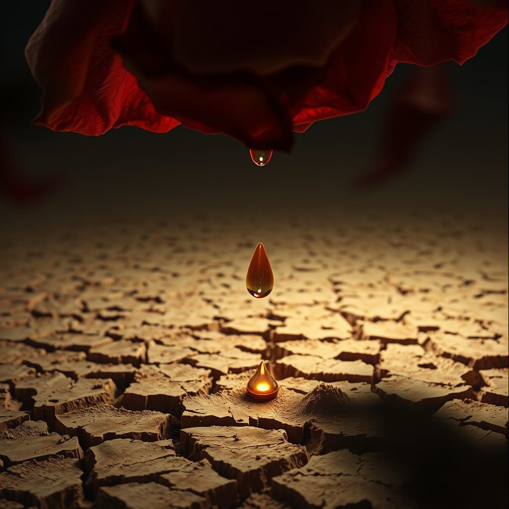 Golden Teardrop Falls on Cracked Earth in Hyperrealistic Sty...