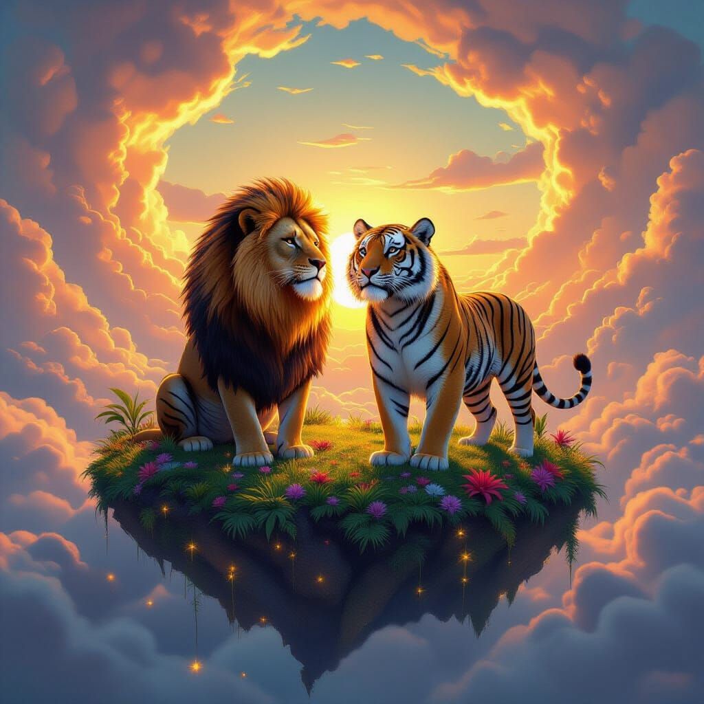 Lion and Tiger on Floating Island in Hyperrealism