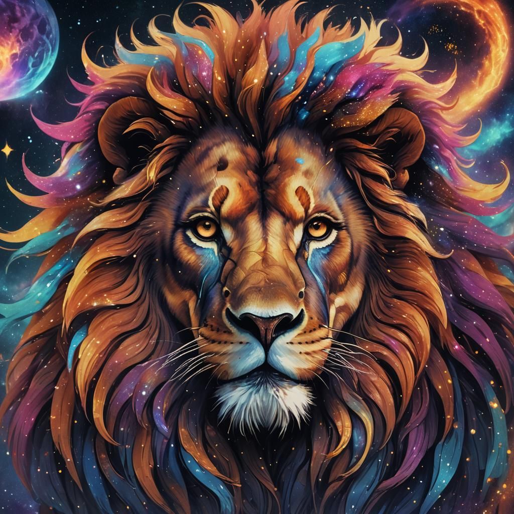 Majestic Lion with Zodiac Mane in Cosmic Art