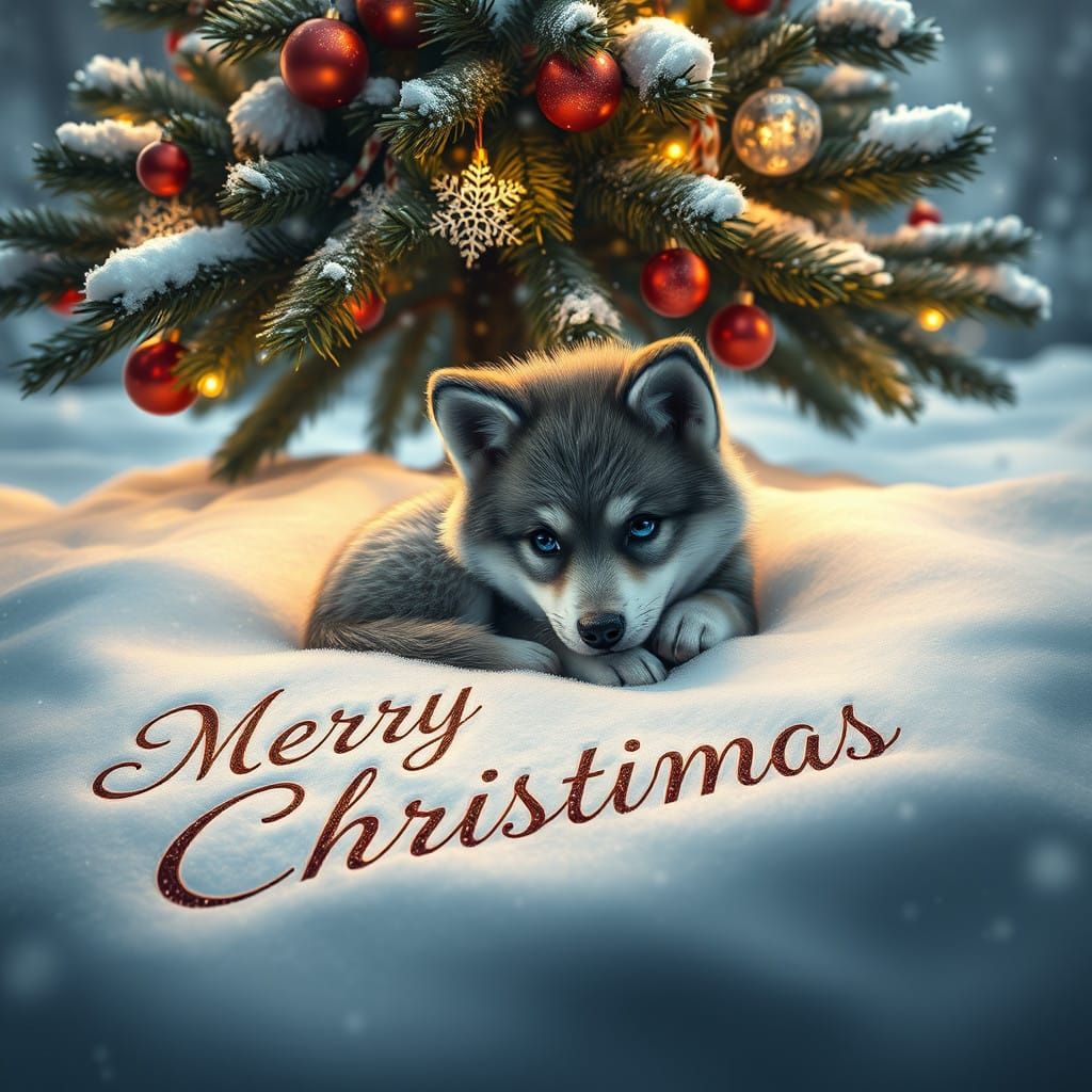 Majestic Wolf Pup Under Christmas Tree in Whimsical Winter W...