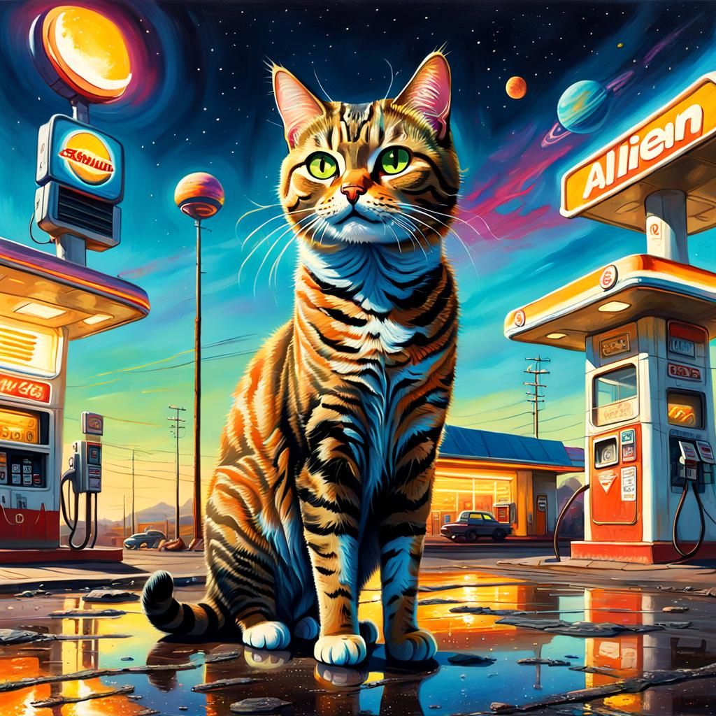 Tabby Space Cat at Alien Gas Station as Oil Painting