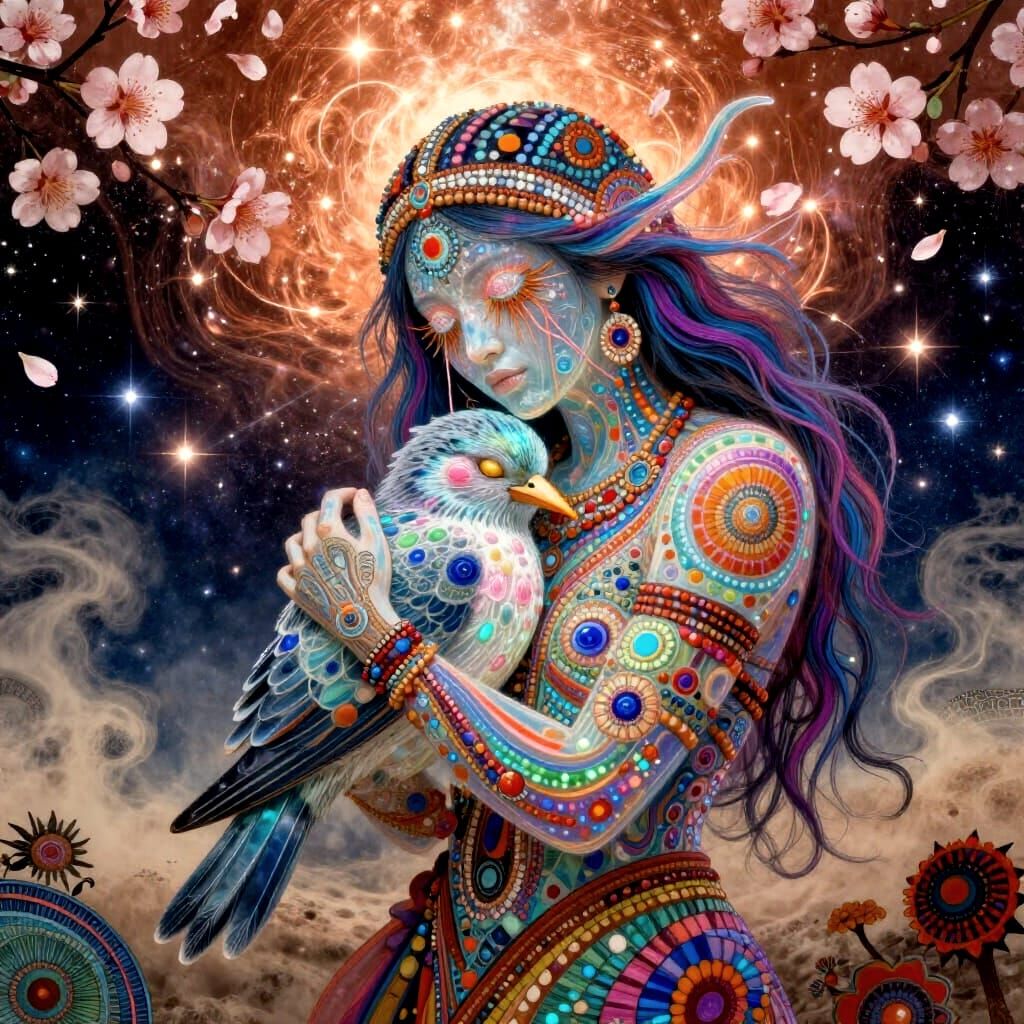 Mystical Shaman Embraces Bird Amid Cosmic Collage