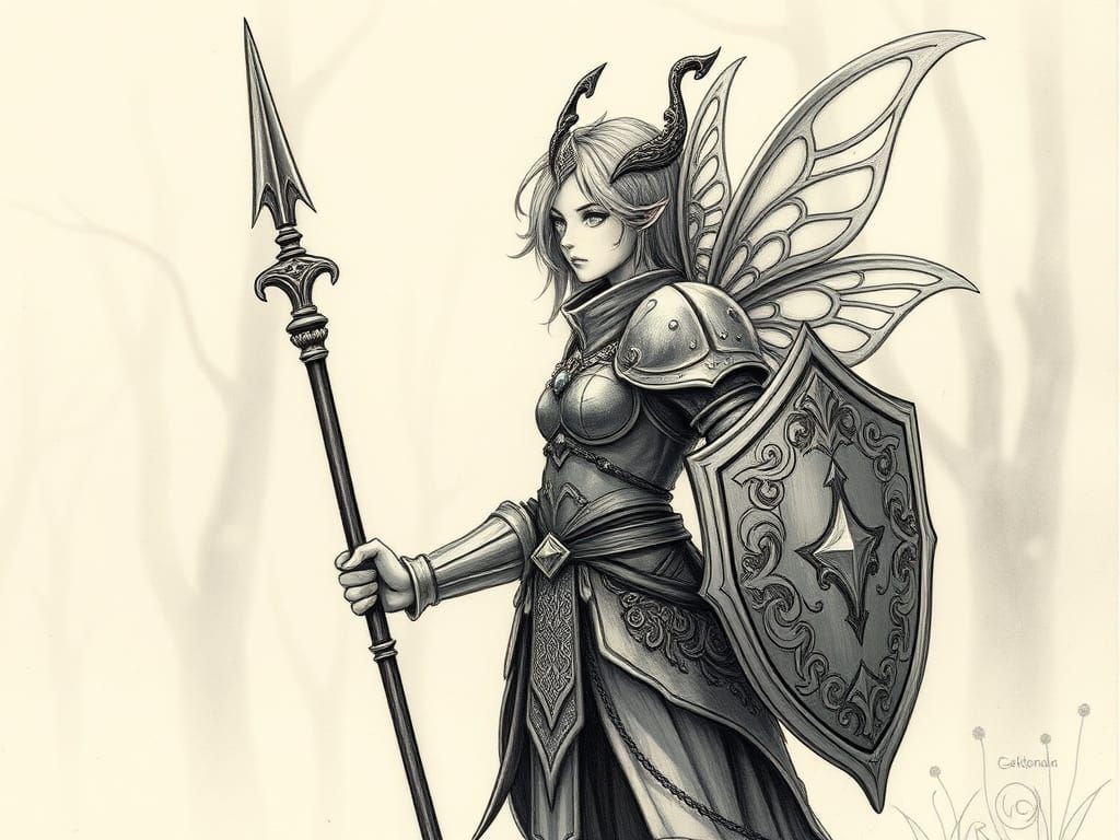 Whimsical Fairy Soldier Illustration in Delicate Pencil Styl...