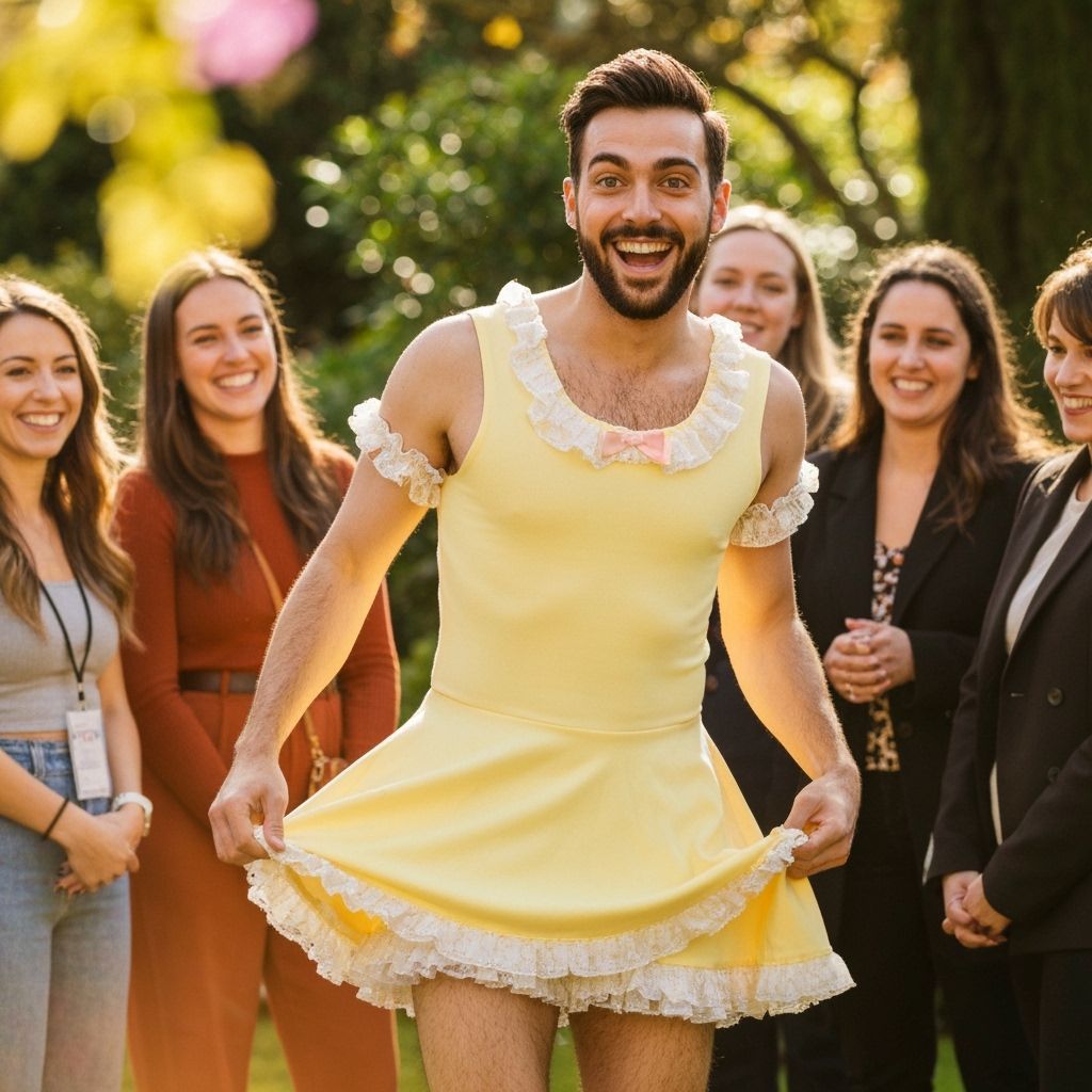 Joyful Man in Easter Dress Plays in Garden