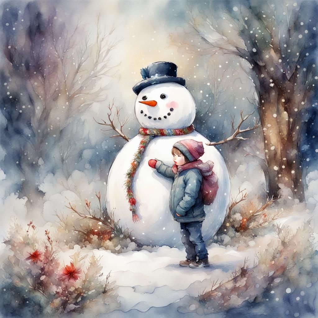 Christmas Snowman and Young Man in Watercolor
