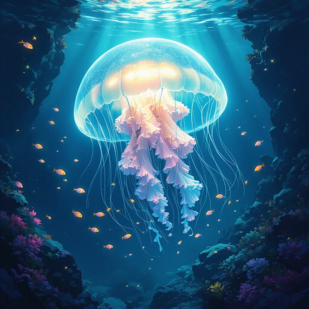 Bioluminescent Jellyfish Drifting Through Deep-Sea Trench