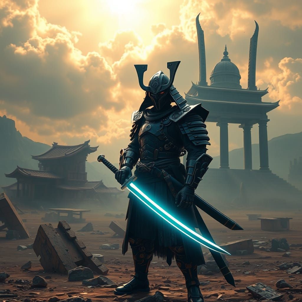 Cyberpunk Samurai Guards Ancient Temple Ruins in Futuristic ...