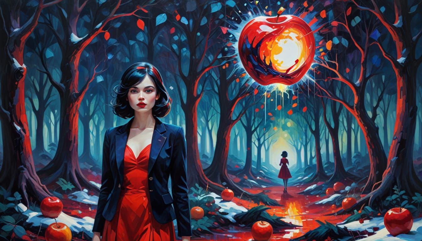 Snow White with Glowing Apple in Abstract Forest