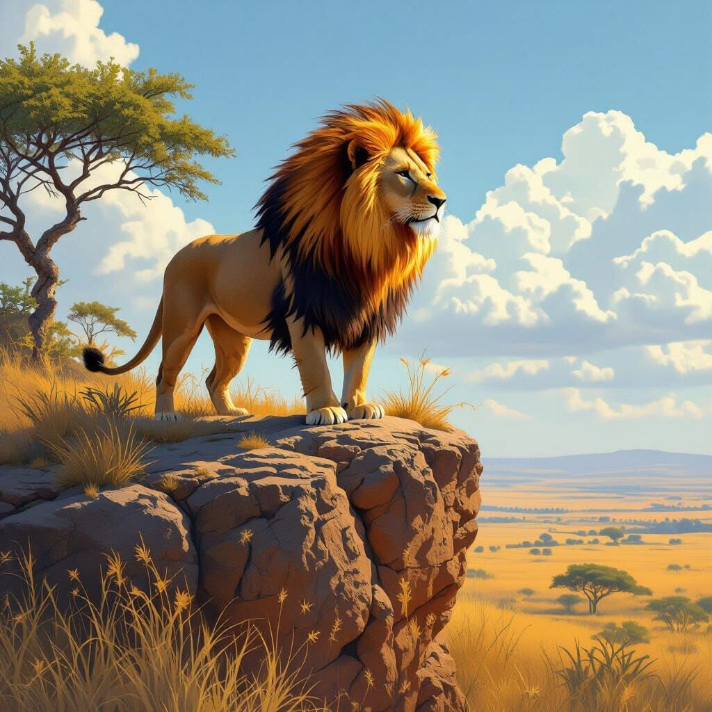 Majestic Lion on Savanna in Hyperrealistic Style