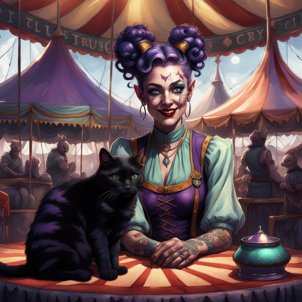 Elven Tattooed Woman with Cat in Dark Fantasy Art