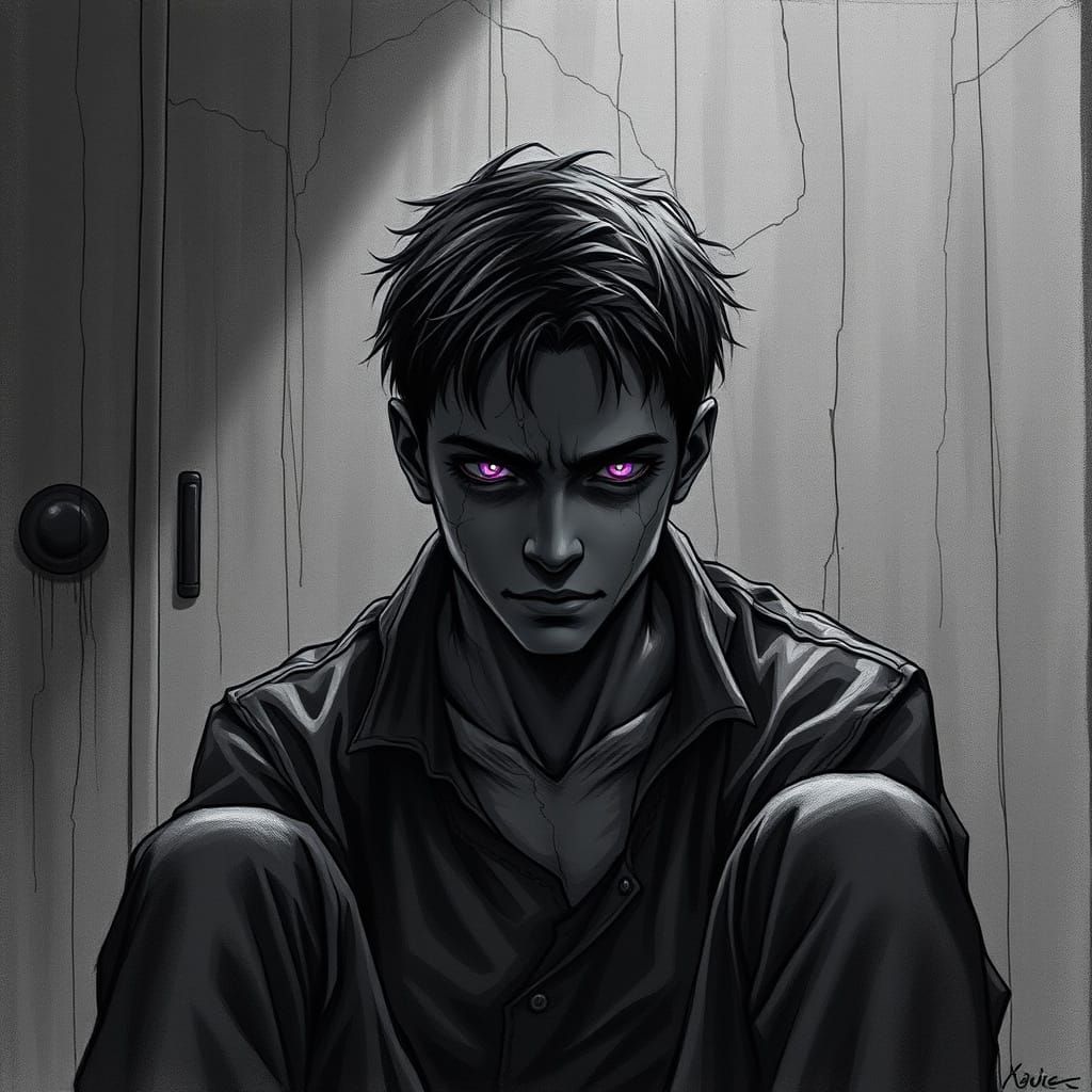 Melancholic Man with Fractured Psyche: Charcoal Drawing