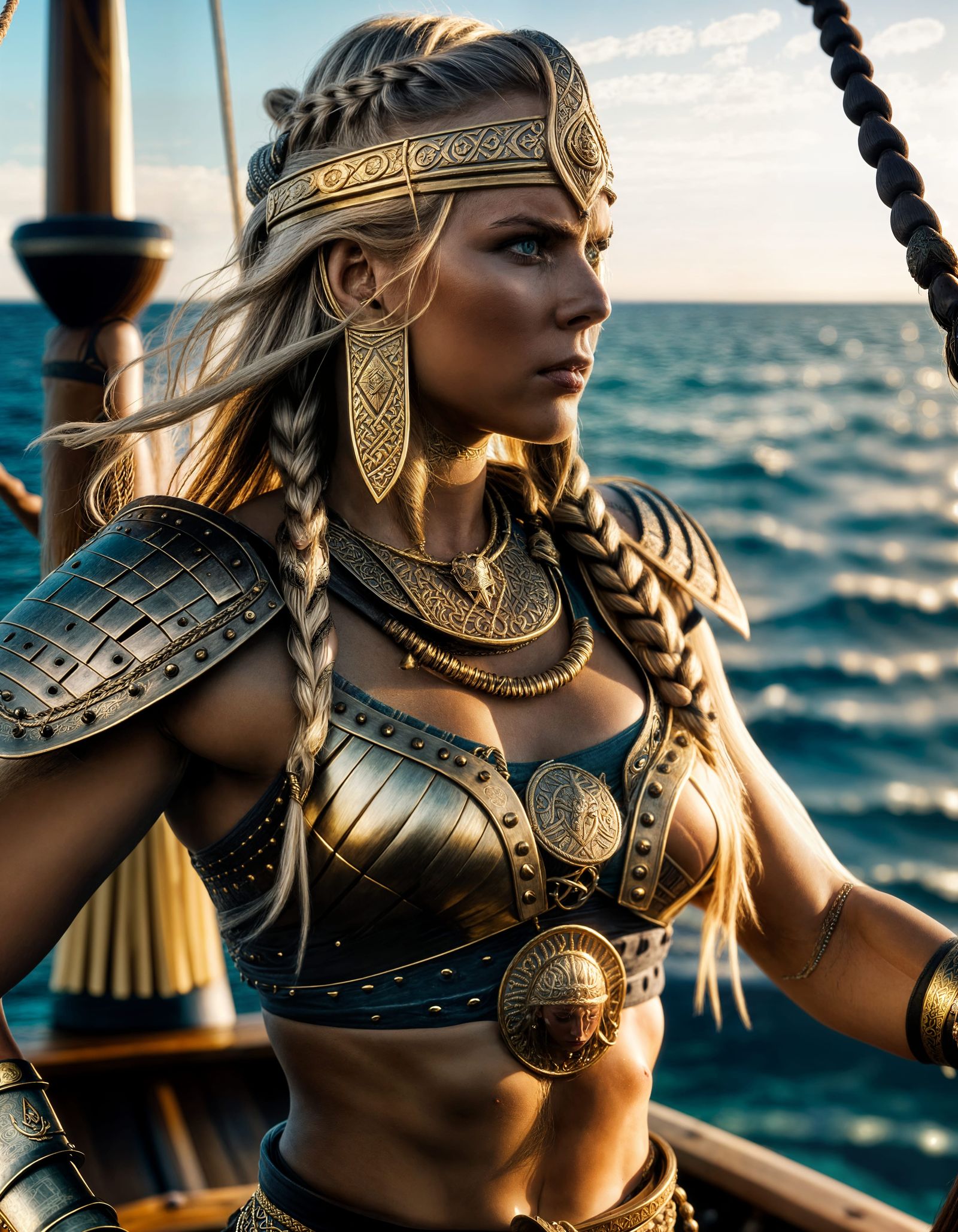 Viking Woman Warrior on Longship in Golden Hour