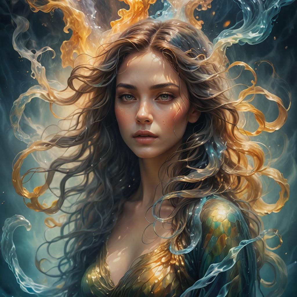 Water Woman in Swirling Smoke: Underwater Oil Painting