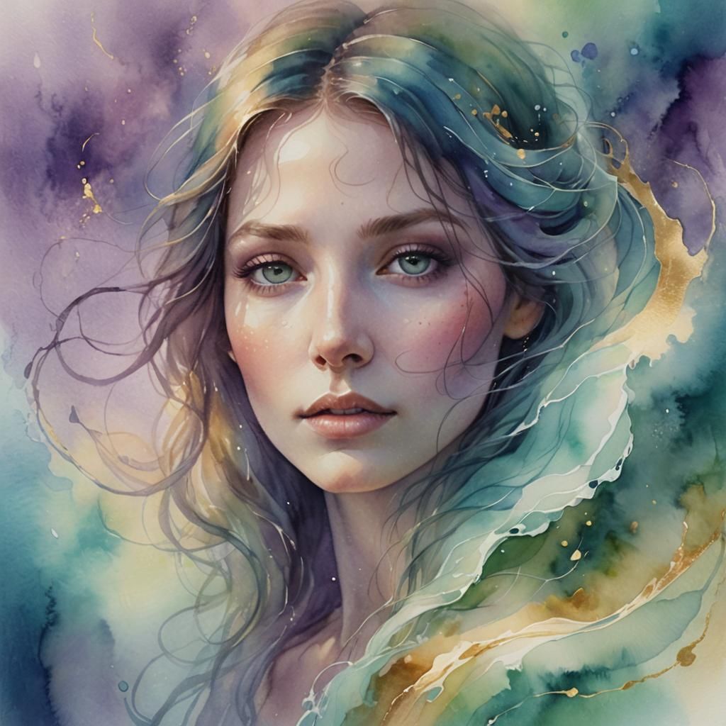 Mystical Woman Emerges in Dreamy Watercolor Portrait