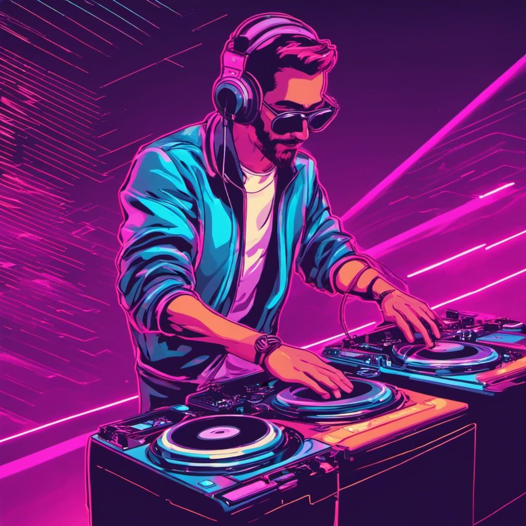 DJ Blending Tracks in Synthwave Neon Style