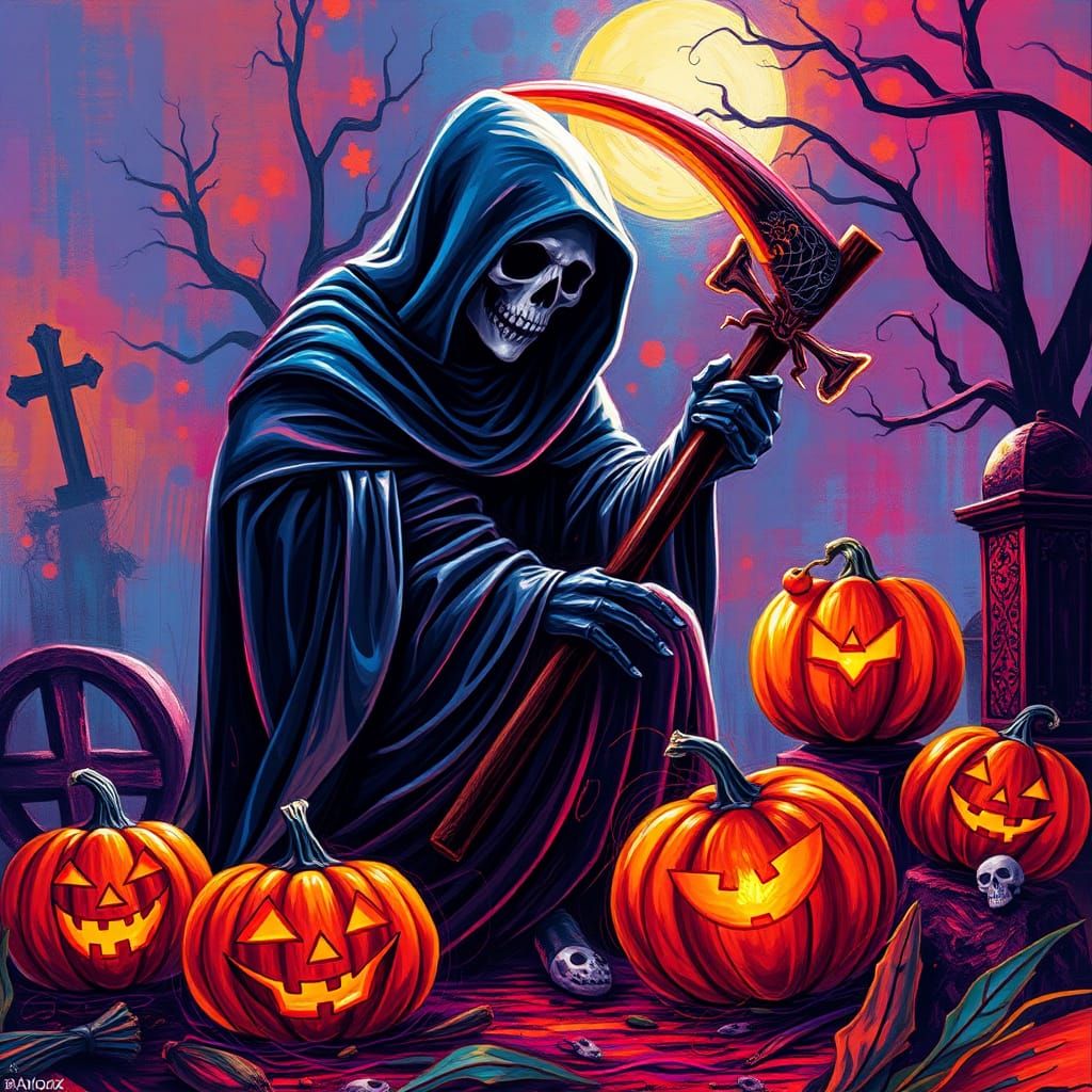 Neon Halloween: The Reaper's Cemetery in Abstract