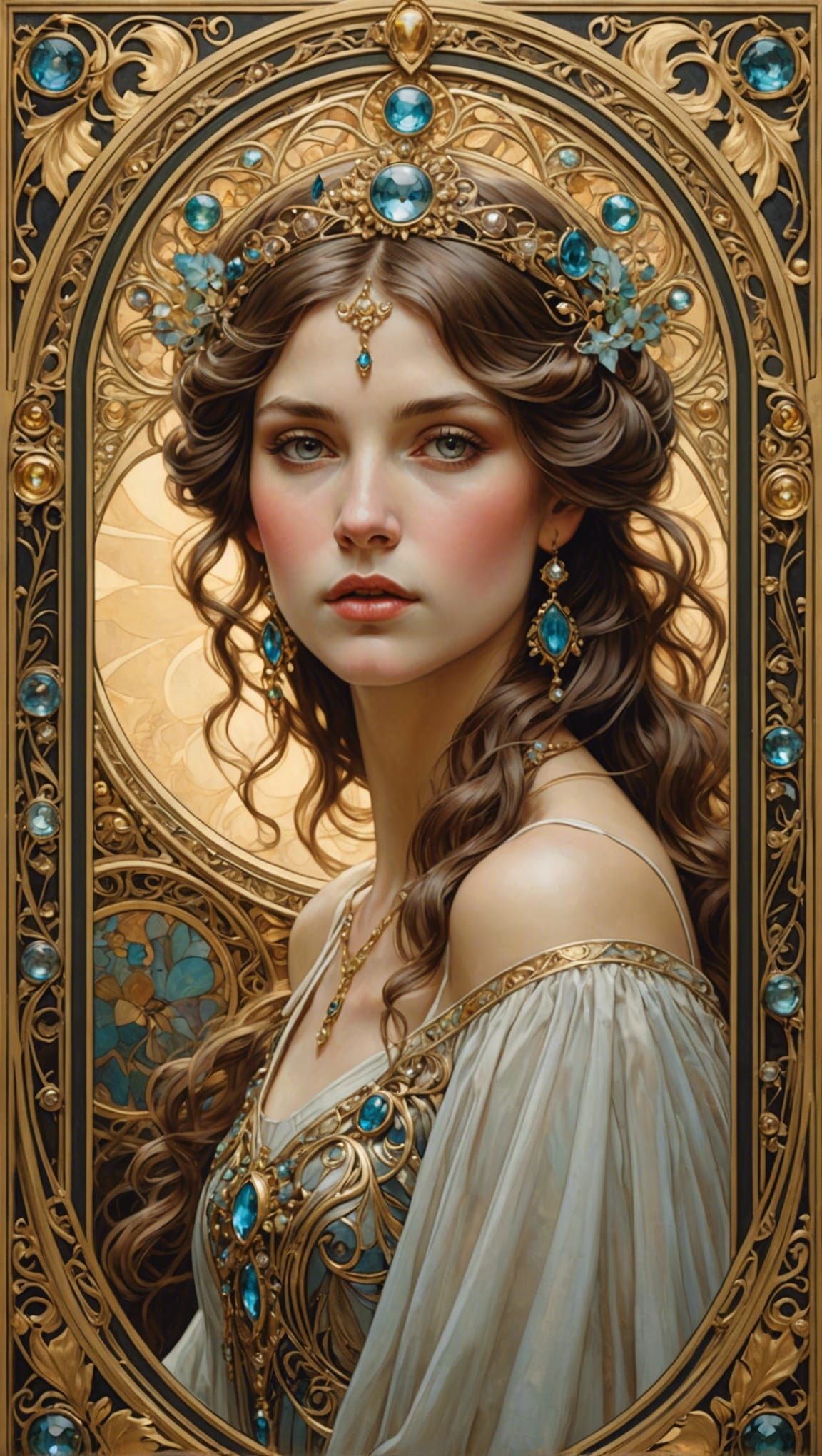 Beautiful Woman in Alphonse Mucha Style Frame