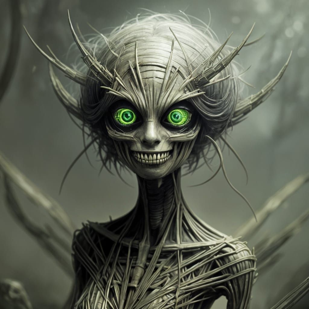 Distorted Humanoid with Bug Eyes and Sharp Teeth