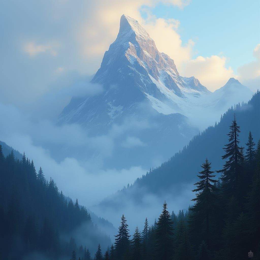 Ethereal Misty Mountain Landscape in Digital Painting Style