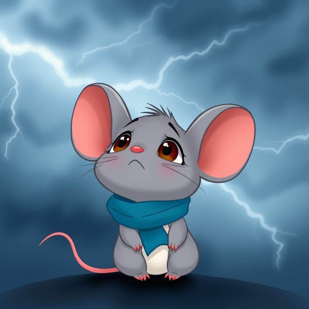 Cartoon Mouse Gazing at Stormy Sky in Disney Style