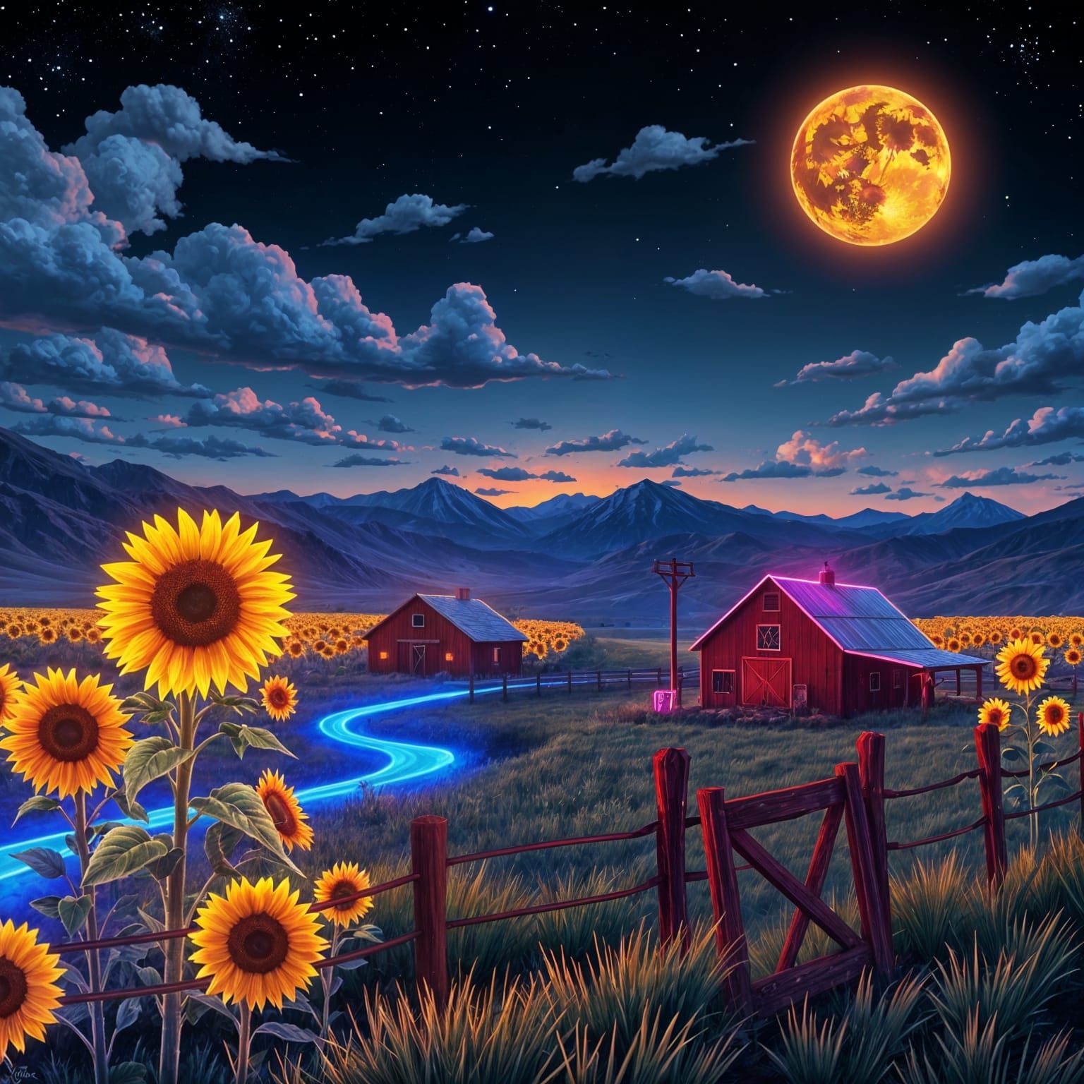 Neon Sunflower Field: Cosmic Illustration