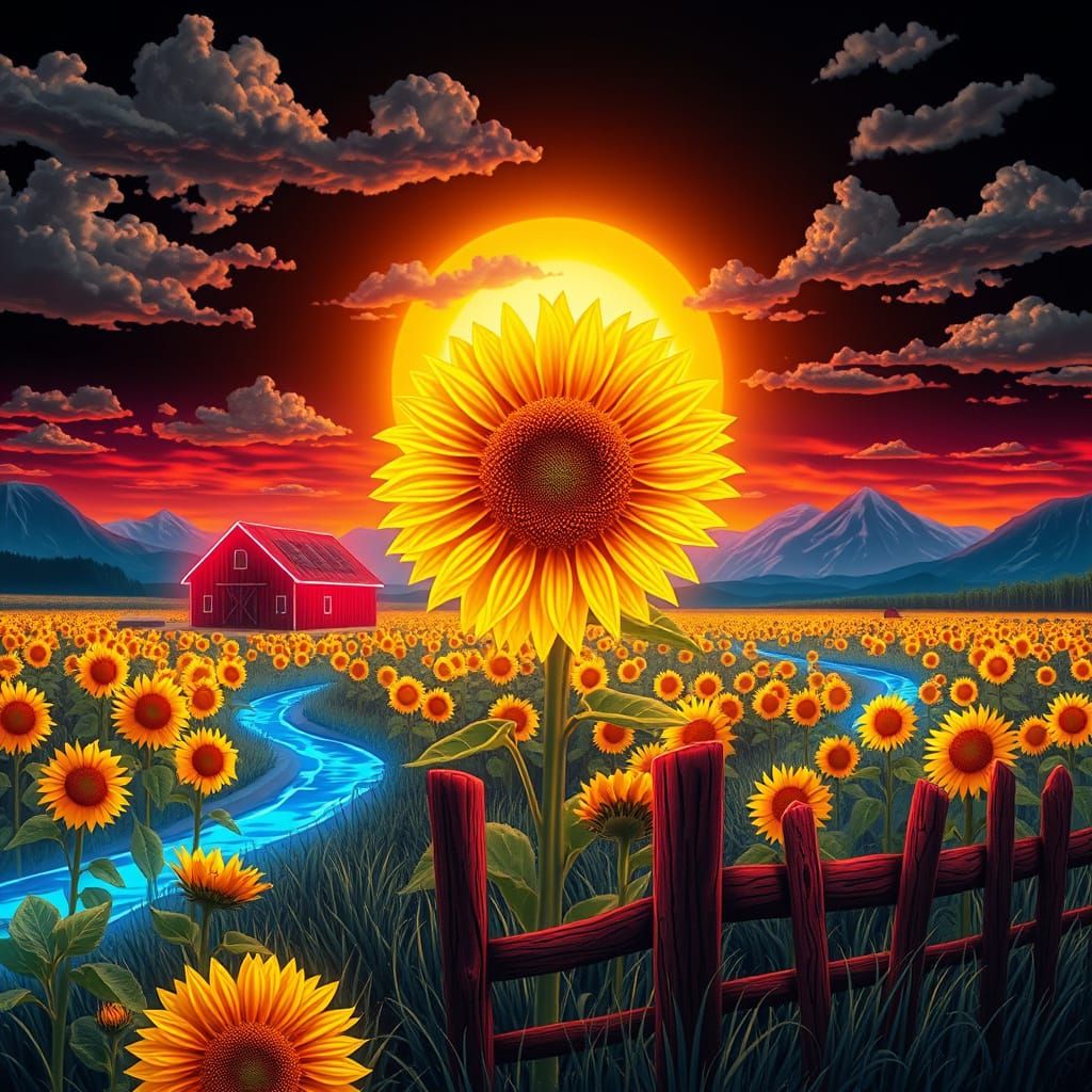 Neon Sunflower Field: Cosmic Illustration