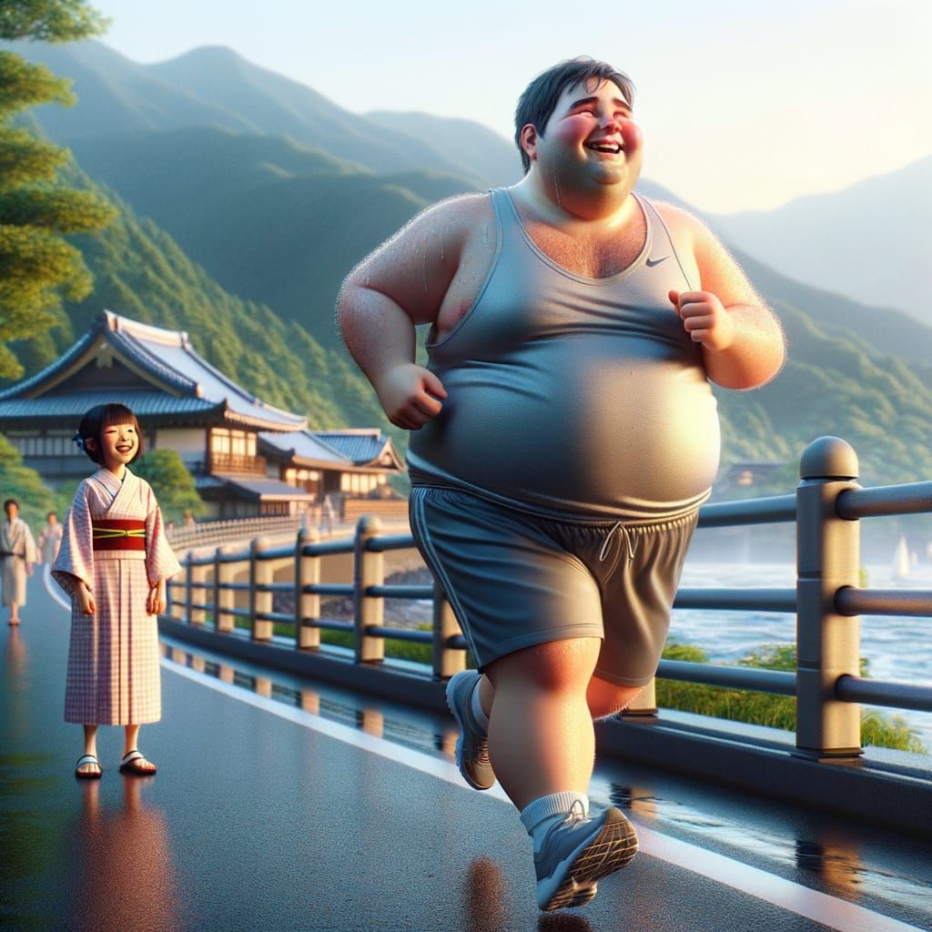 Chubby Man Jogs in Japan with Delightful Girl