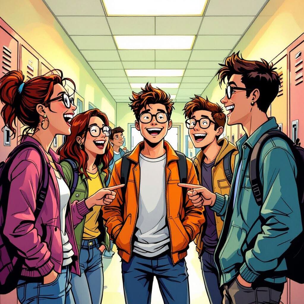 Comic Style High Schoolers Laughing at Stereotypical Nerd